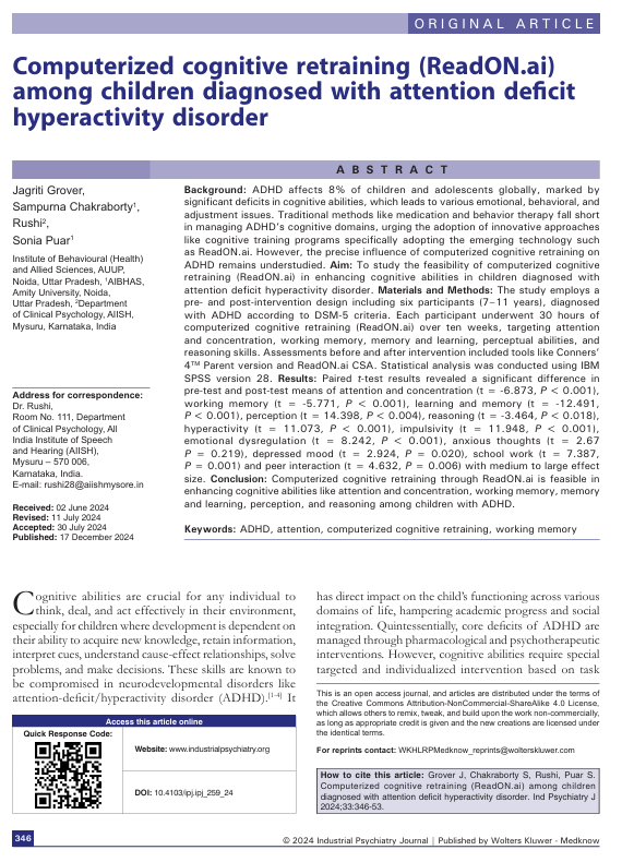 First page - Computerized Cognitive Retraining (ReadON.ai) Among Children Diagnosed with ADHD