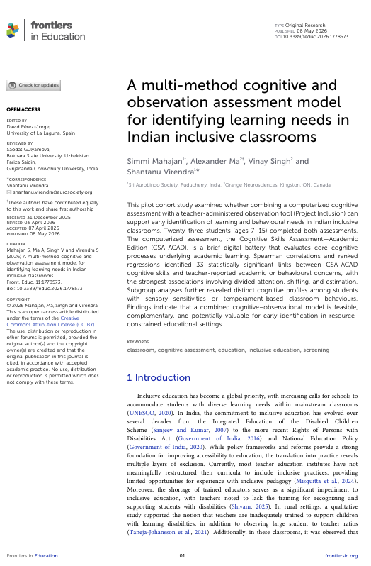 First page - A Multi-Method Cognitive & Observation Assessment Model for Indian Inclusive Classrooms